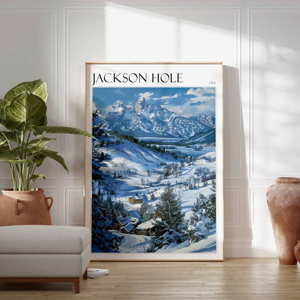 Jackson Hole USA Teton Peaks Poster over Snowy Valley Town Scene