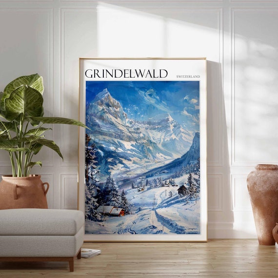 Skiing Travel Poster Skiing Art Grindelwald Poster Swiss Alps Poster Grindelwald Wall Art Swiss Alps Art Alpine Print Mountain Print