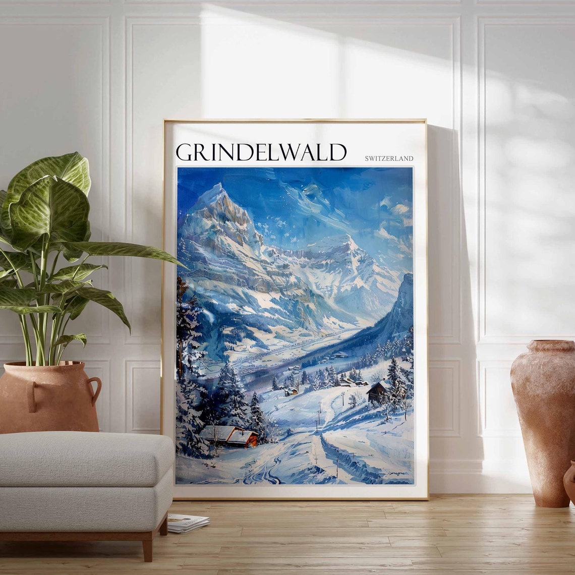 Grindelwald Switzerland Snow Valley Mountain Path Chalet Poster