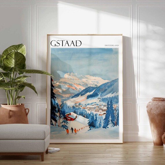 Gstaad Switzerland Skiers Pastel Alpine Village Travel Poster