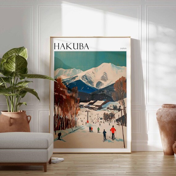 Hakuba Japan Retro Ski Village Teal Mountain Travel Art Poster