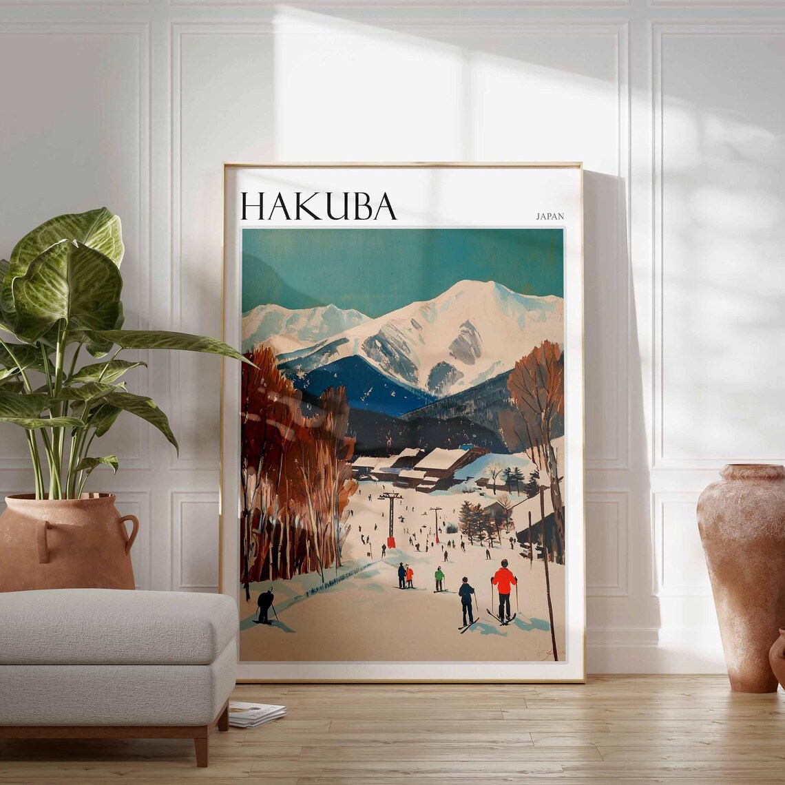 Hakuba Japan Retro Ski Village Teal Mountain Travel Art Poster