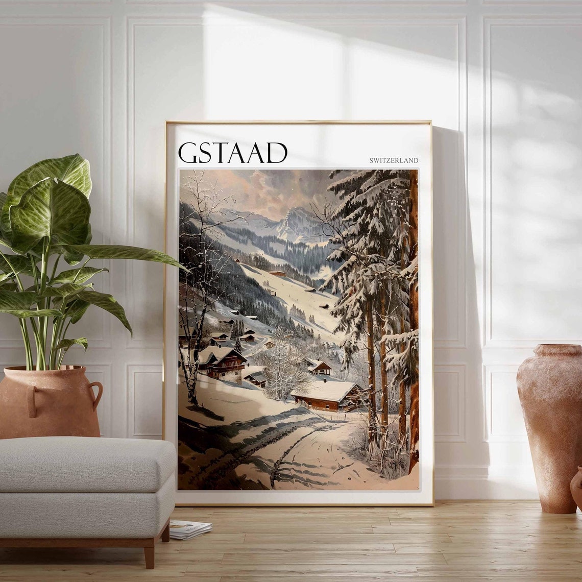 Gstaad Switzerland Sepia Vintage Village Winter Ski Scene Poster