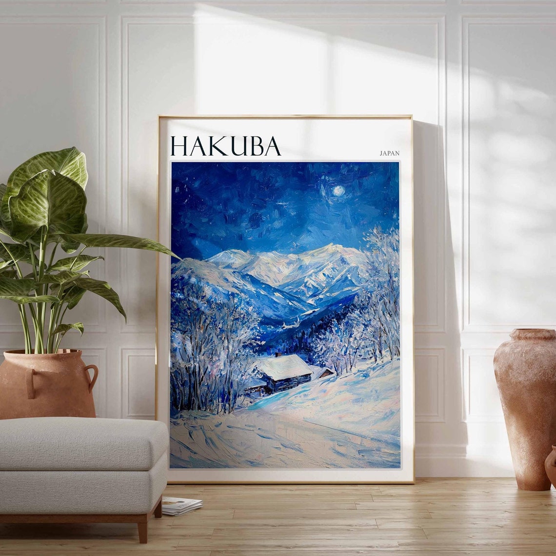 Hakuba Japan Moonlit Blue Mountain Night Winter Ski Scene Poster