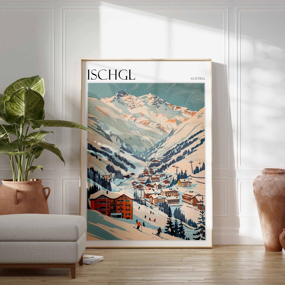 Ischgl Austria Retro Peaks Village Skiers Vintage Travel Poster