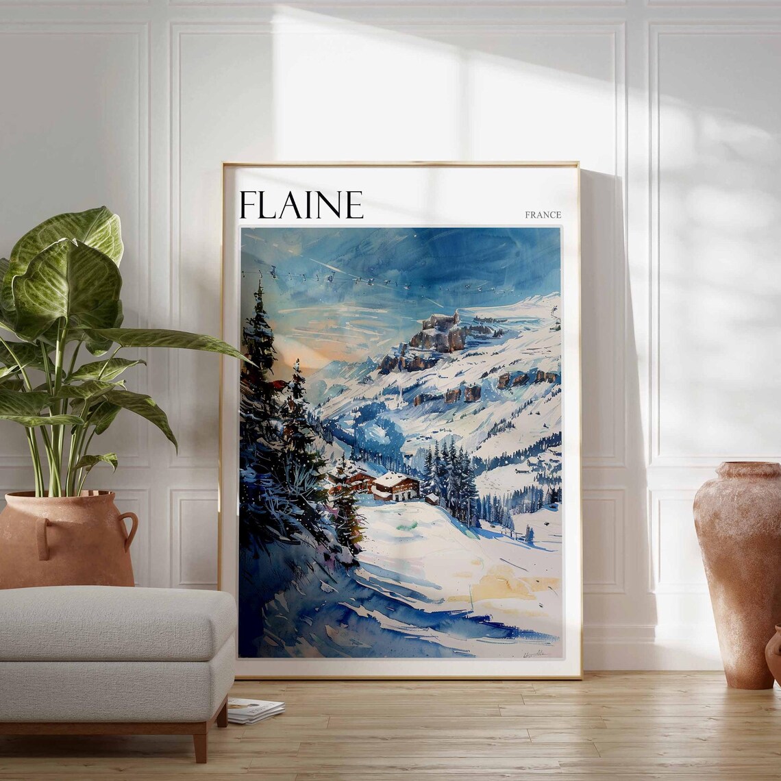 Flaine France Watercolor Alpine Ski Lift Chalets Snow Poster