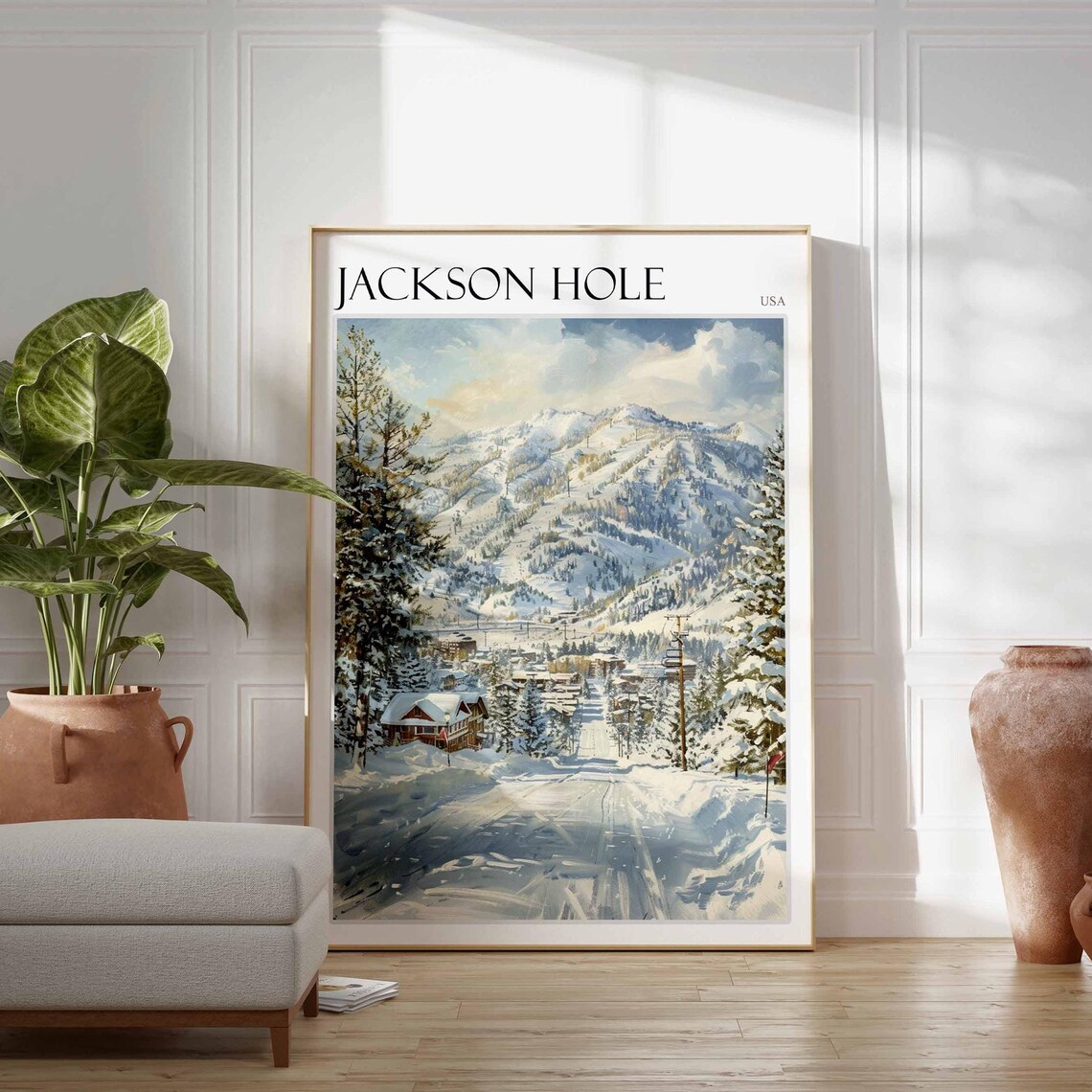 Jackson Hole USA Snowy Village Road Poster in Soft Winter Watercolor