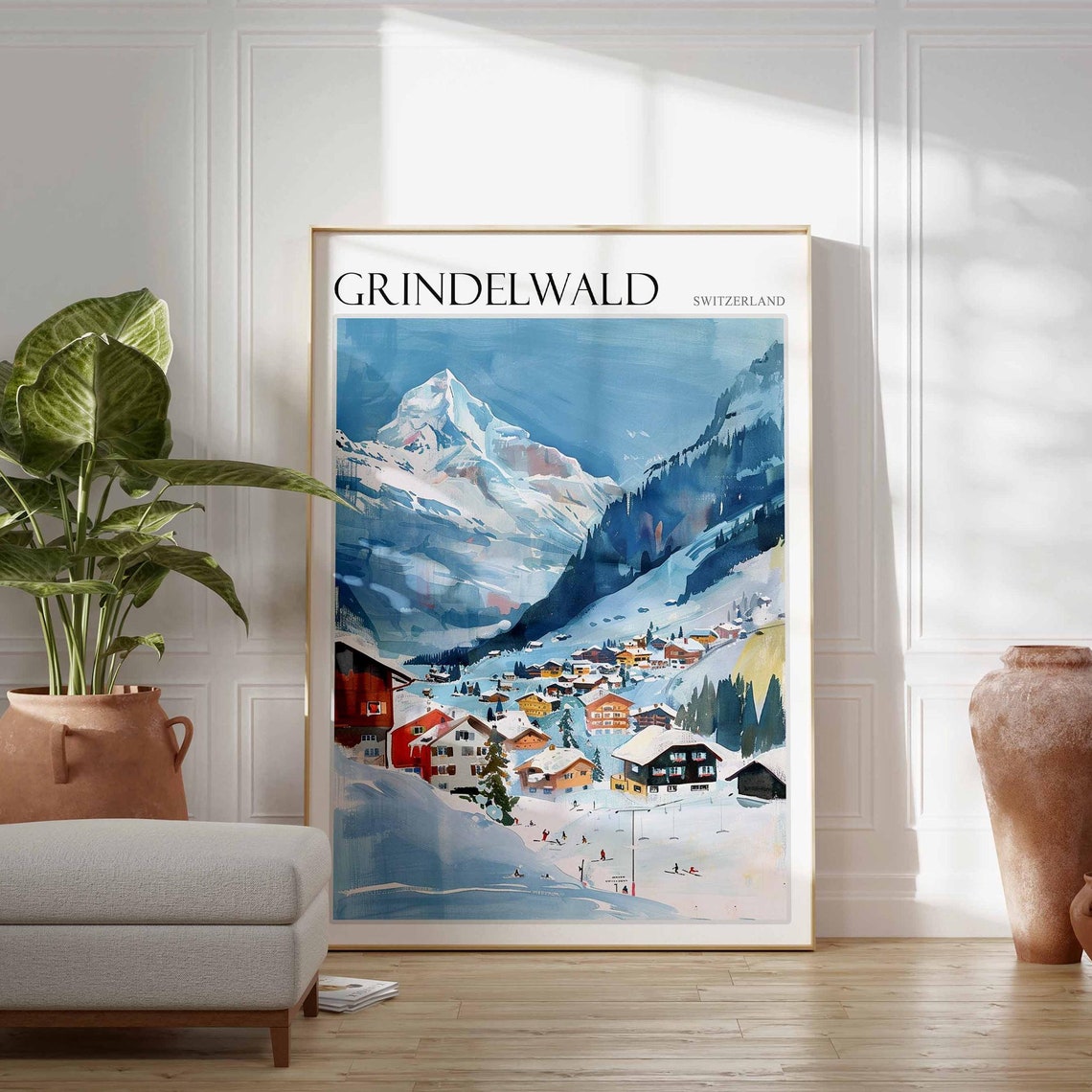 Grindelwald Switzerland Chalets Skiers Iconic Peak Ski Poster