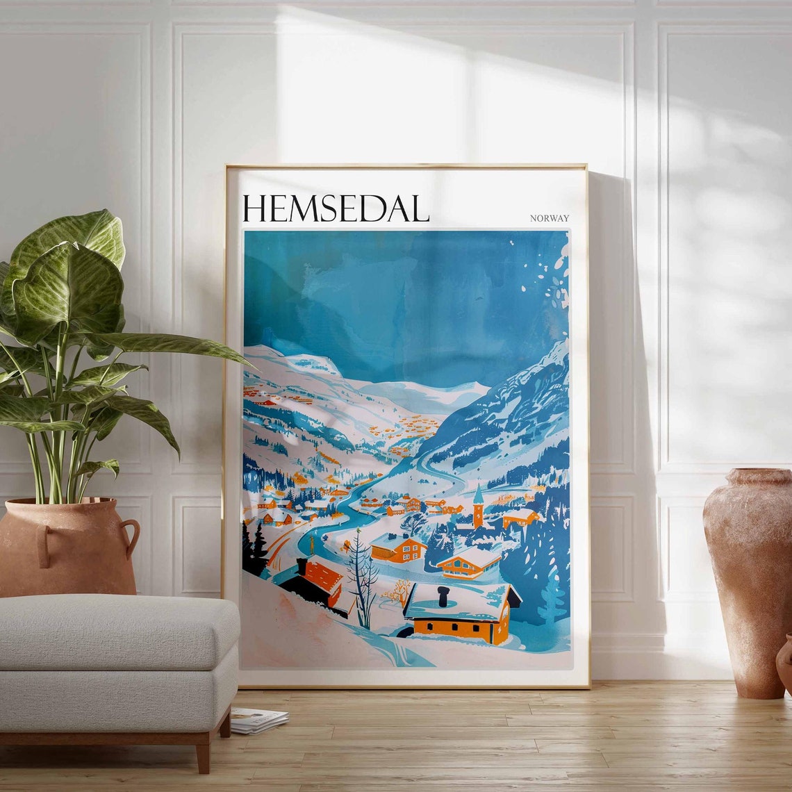 Hemsedal Norway Painterly Orange Cabins Church Village Travel Poster