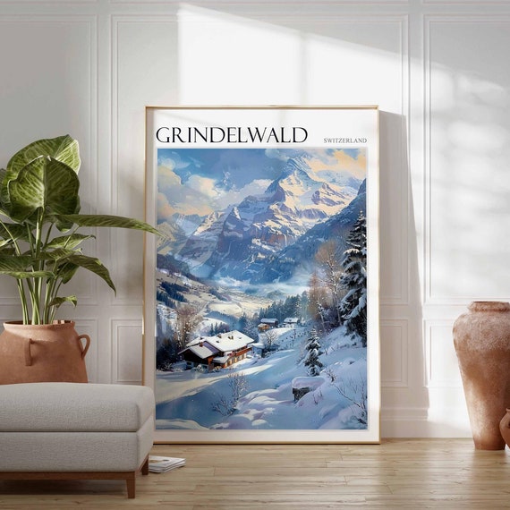 Skiing Travel Poster Skiing Art Grindelwald Poster Swiss Alps Poster Grindelwald Wall Art Swiss Alps Art Alpine Print Mountain Print