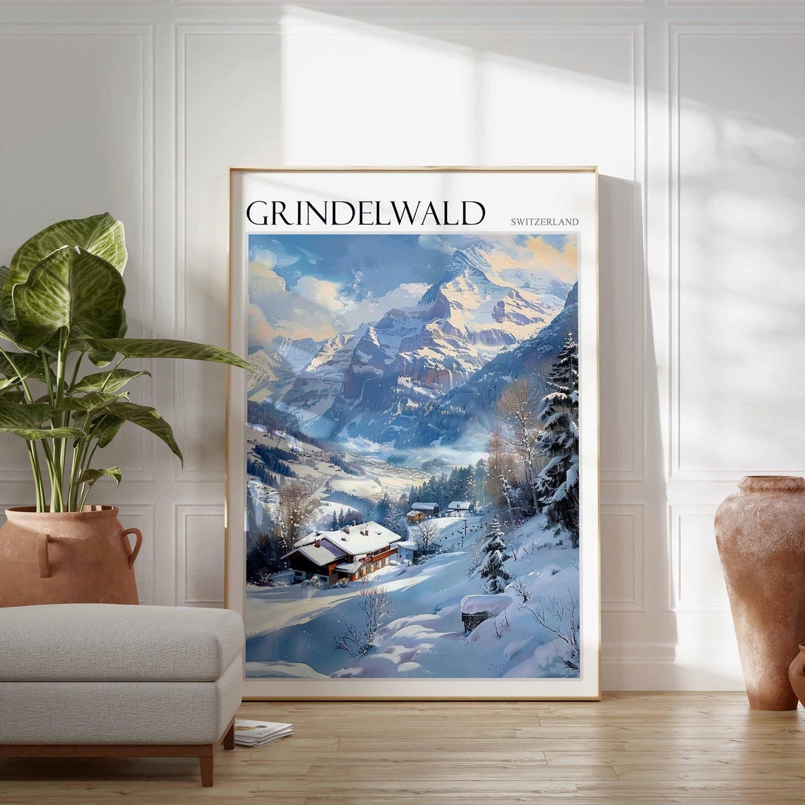 Grindelwald Switzerland Sunlit Mountain Peak Chalet Dawn Poster