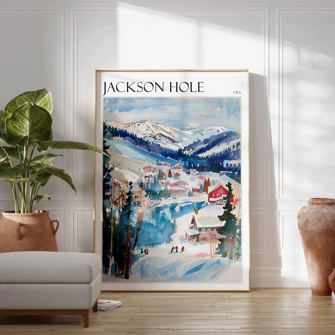 Jackson Hole USA Riverside Village Poster in Colorful Watercolor Style