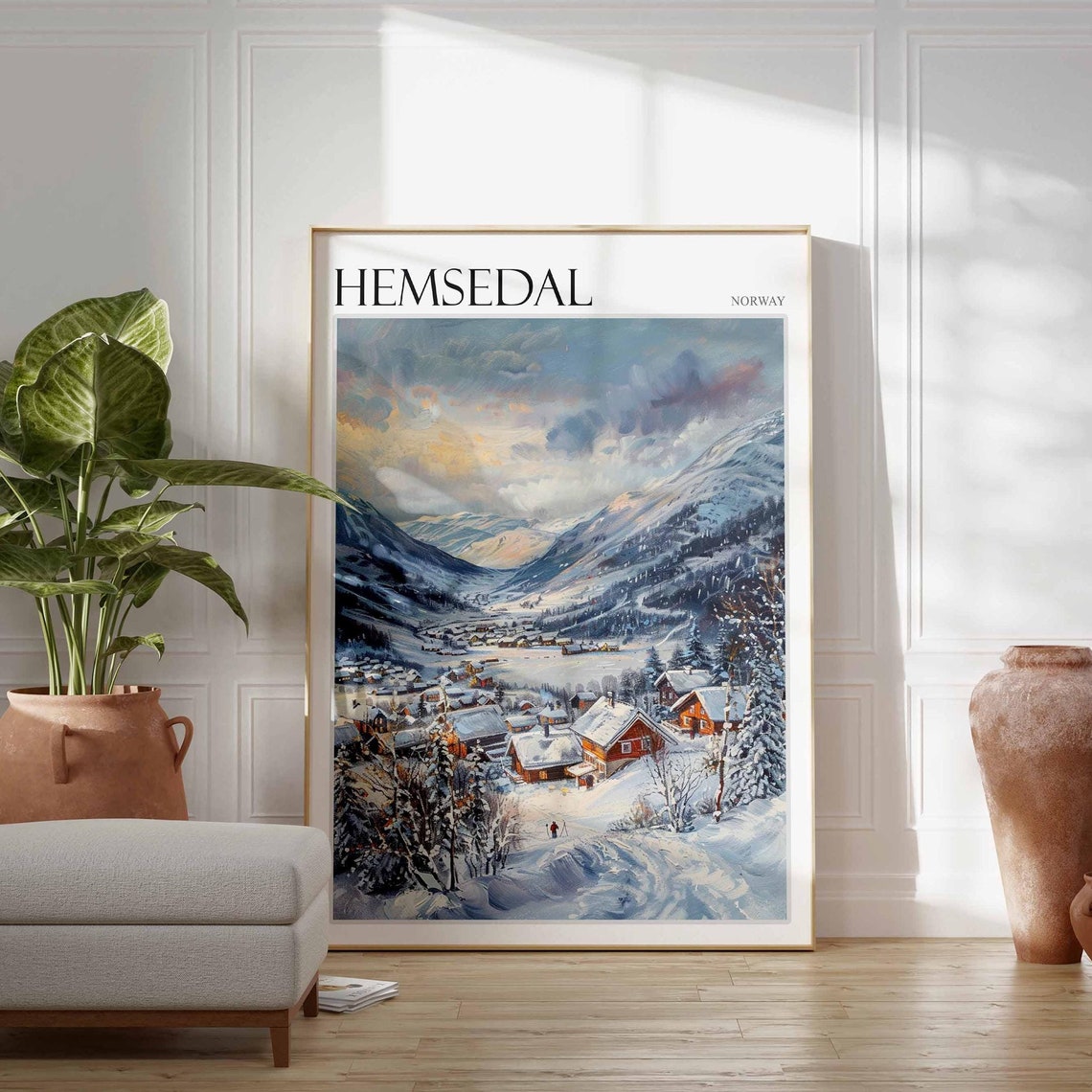 Hemsedal Norway Winter Red Chalets Village Moody Mountains Poster