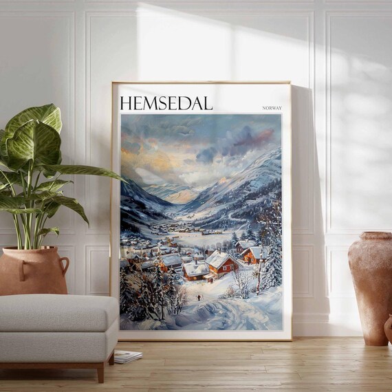 Hemsedal Norway Winter Red Chalets Village Moody Mountains Poster