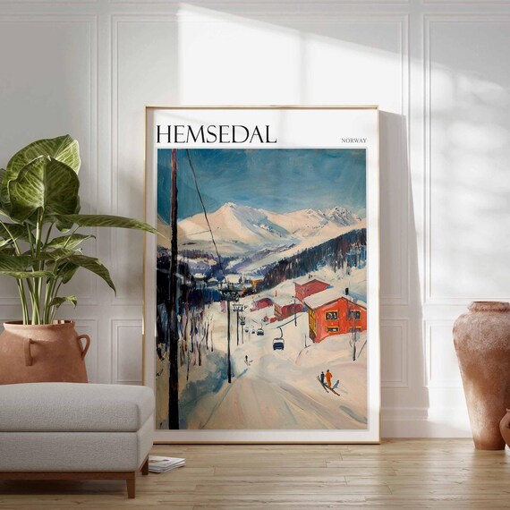 Hemsedal Norway Painterly Ski Lift Red Lodges Vintage Travel Poster