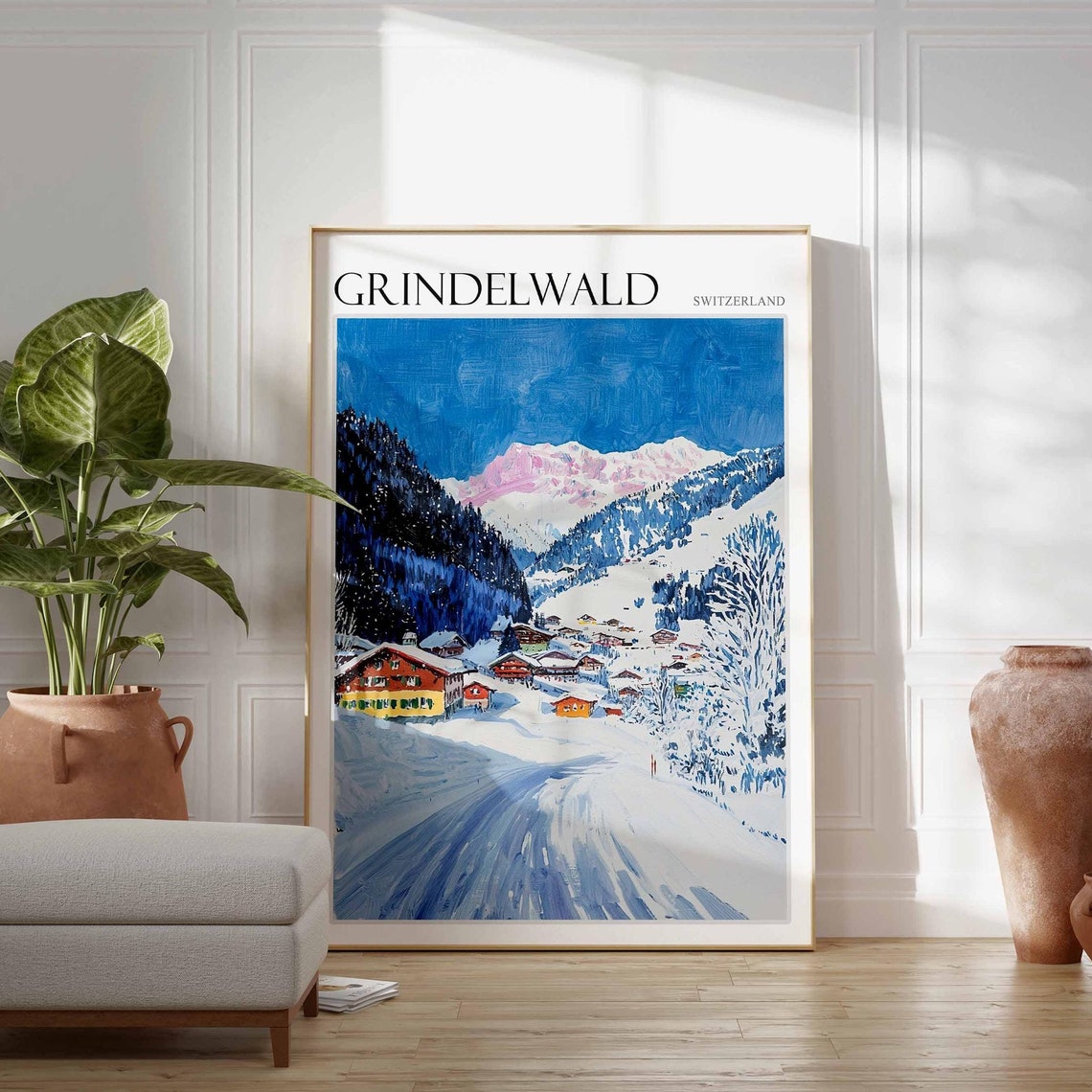 Grindelwald Switzerland Pink Peaks Blue Sky Village Travel Poster