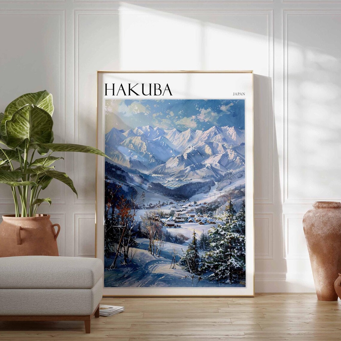 Hakuba Japan Alpine Village Bright Blue Peaks Ski Scene Poster