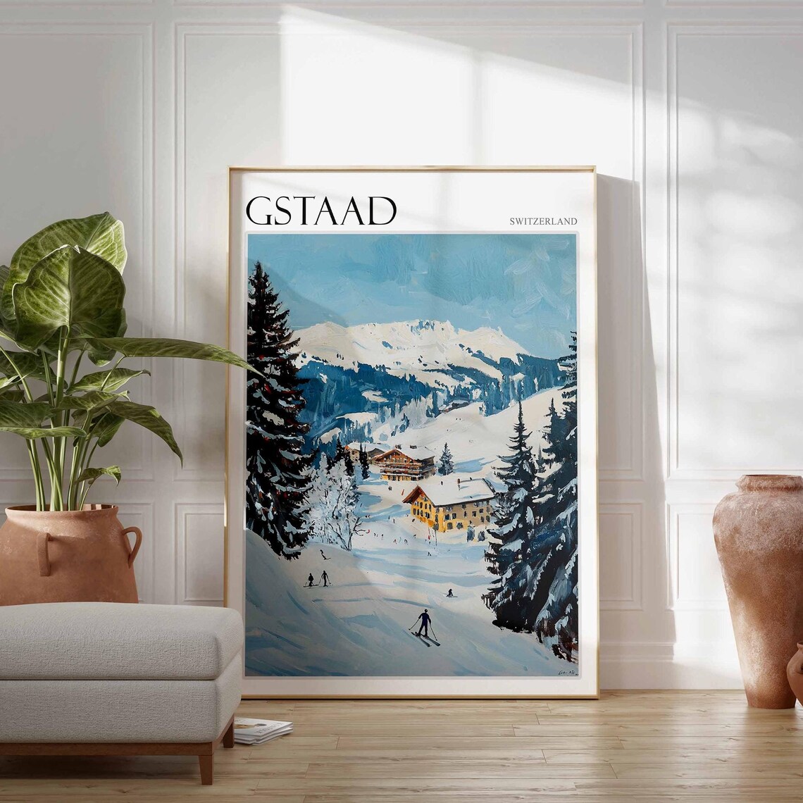 Gstaad Switzerland Alpine Chalets Skiers Pines Blue Winter Poster