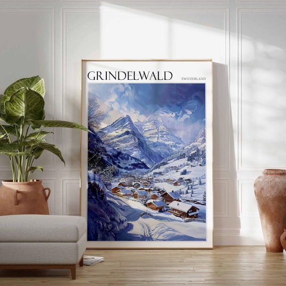 Skiing Travel Poster Skiing Art Grindelwald Poster Swiss Alps Poster Grindelwald Wall Art Swiss Alps Art Alpine Print Mountain Print