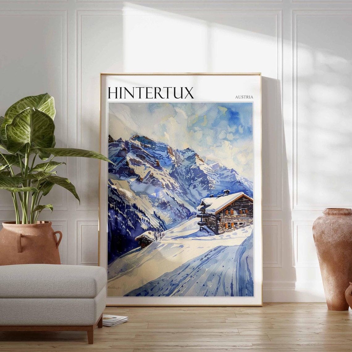 Hintertux Austria Painterly Wooden Chalet Snowy Slope Travel Poster