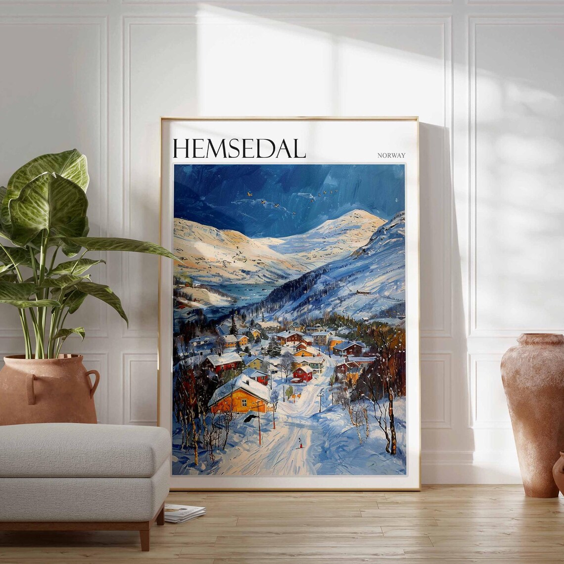 Hemsedal Norway Golden Blue Ski Village Vintage Travel Poster