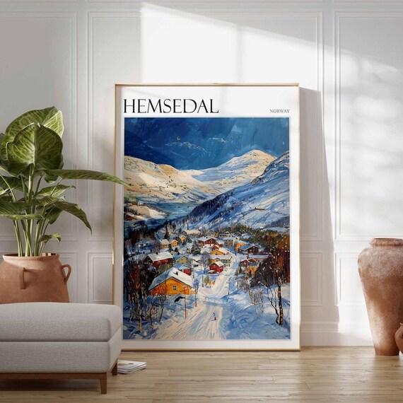 Hemsedal Norway Golden Blue Ski Village Vintage Travel Poster