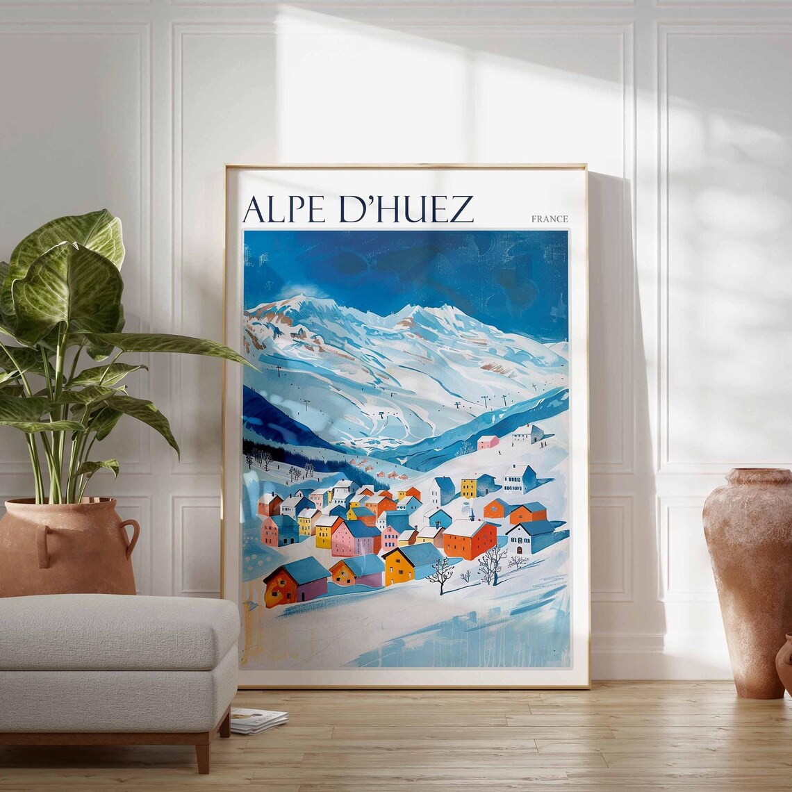 Alpe DHuez France Whimsical Rainbow Chalets Village Under Blue Poster