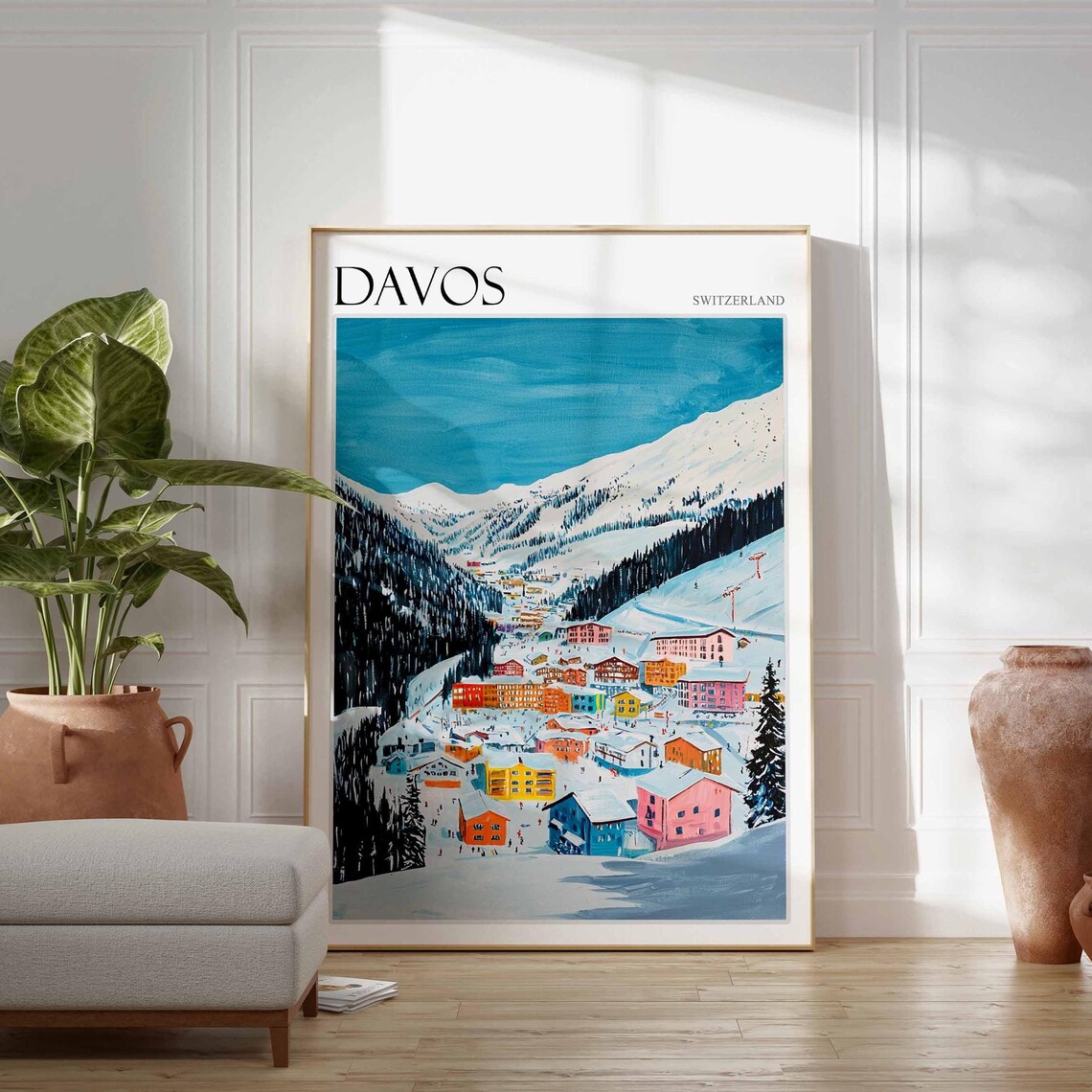 Davos Switzerland Snowy Ski Village Winter Painting Art Poster