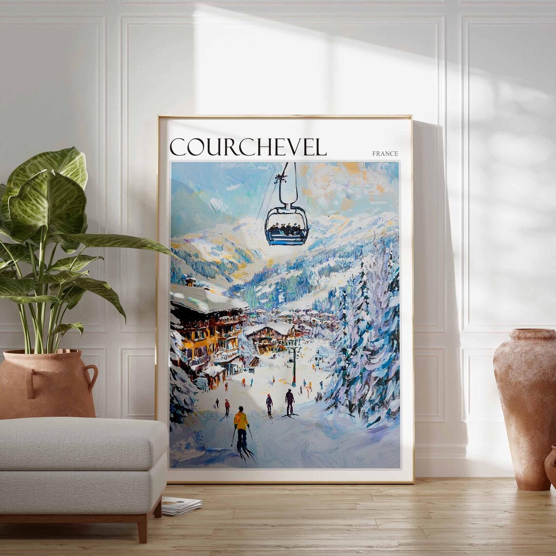 Courchevel France Gondola Lift Skiers Impressionist Ski Poster