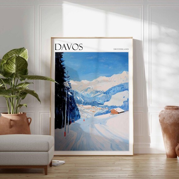 Davos Switzerland Wide Ski Slope Pine Forest Red Chalet Winter Poster