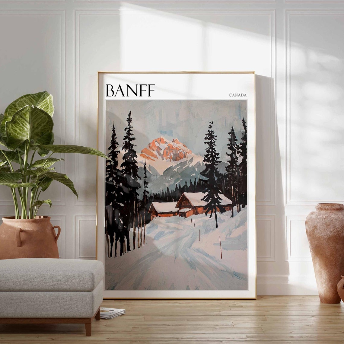 Banff Canada Snowy Trail Cabins Tall Pines Red Mountain Poster