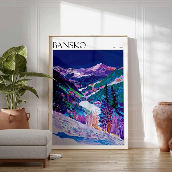 Bansko Bulgaria Purple Night Mountains Snowy Peaks Artistic Poster