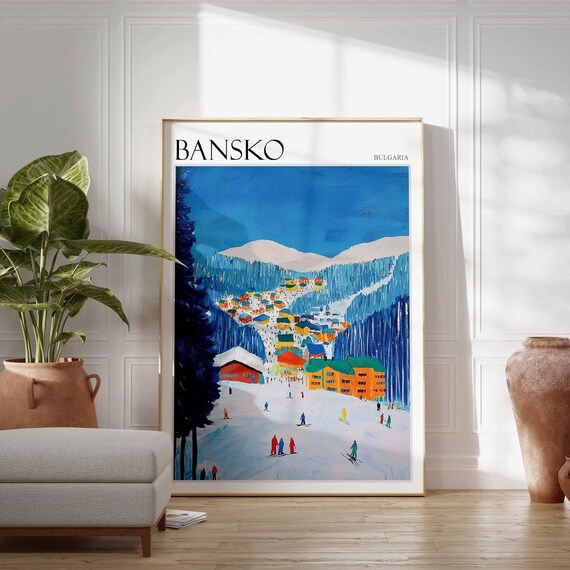 Bansko Bulgaria Alpine Ski Village Slopes Skiers Vintage Style Poster
