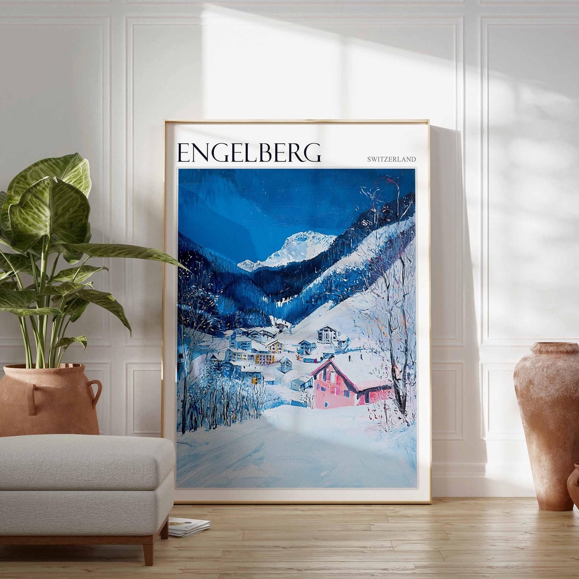 Engelberg Switzerland Snowy Village Night Scene Alpine Glow Art Poster