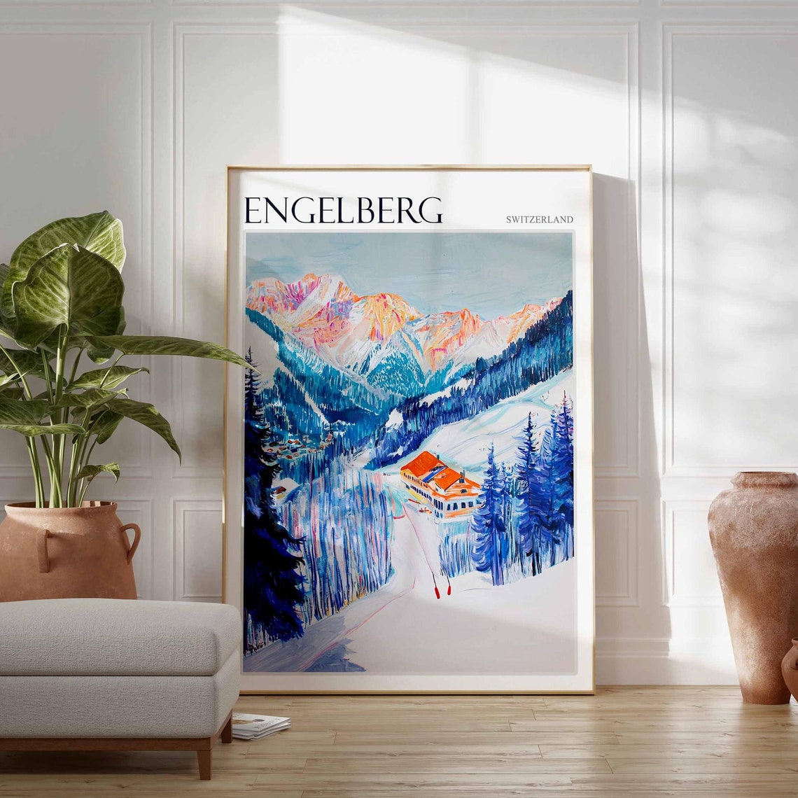 Engelberg Switzerland Sunset Alpenglow Peak and Orange Chalet Poster