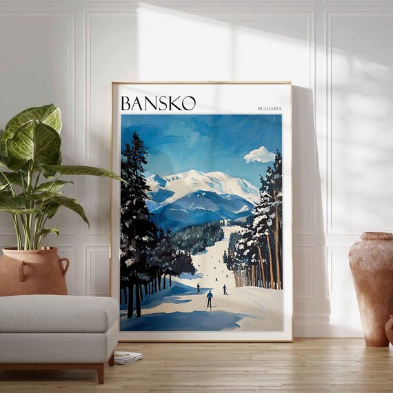 Bansko Bulgaria Classic Pine Lined Ski Slope Skiers Scene Poster
