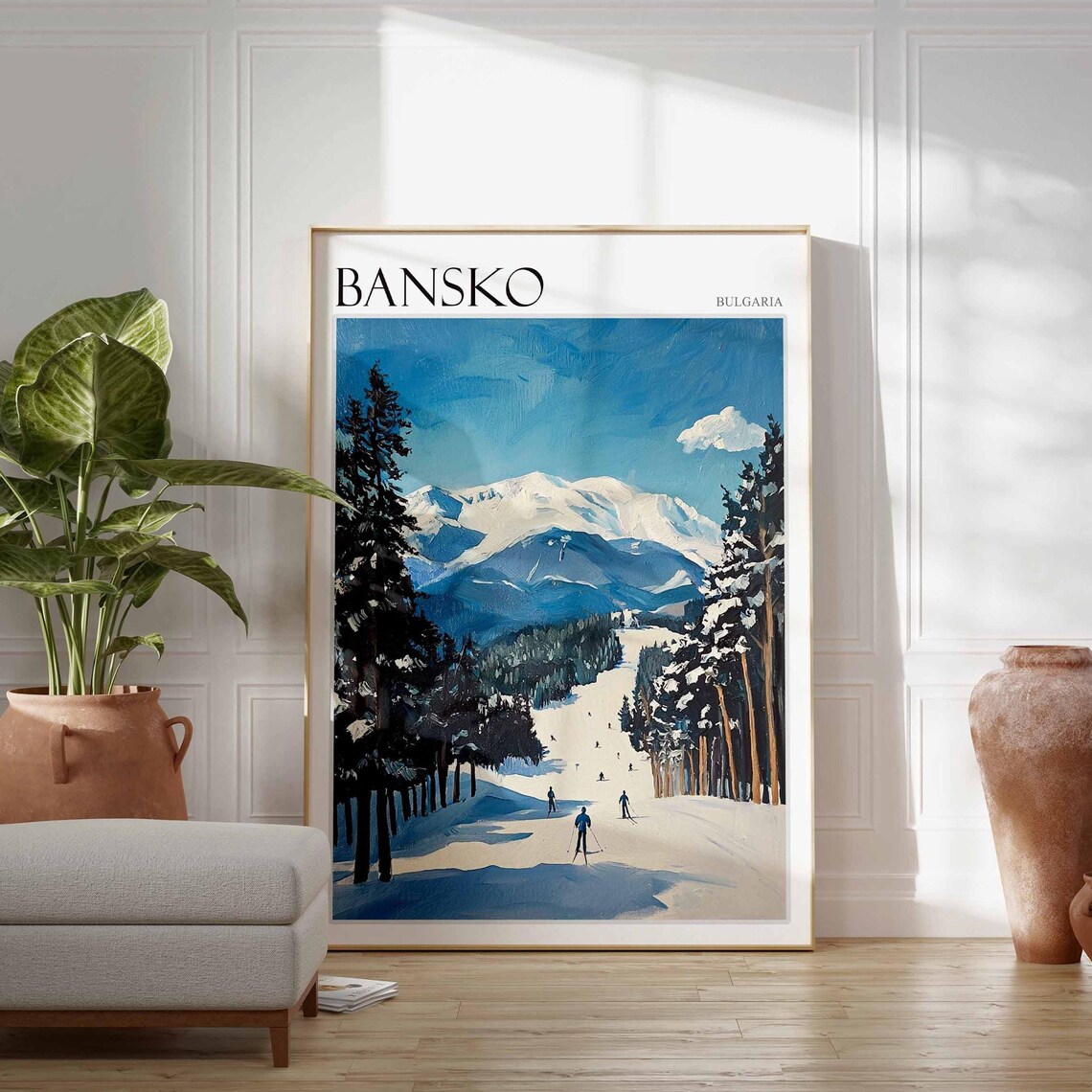Bansko Bulgaria Classic Pine Lined Ski Slope Skiers Scene Poster