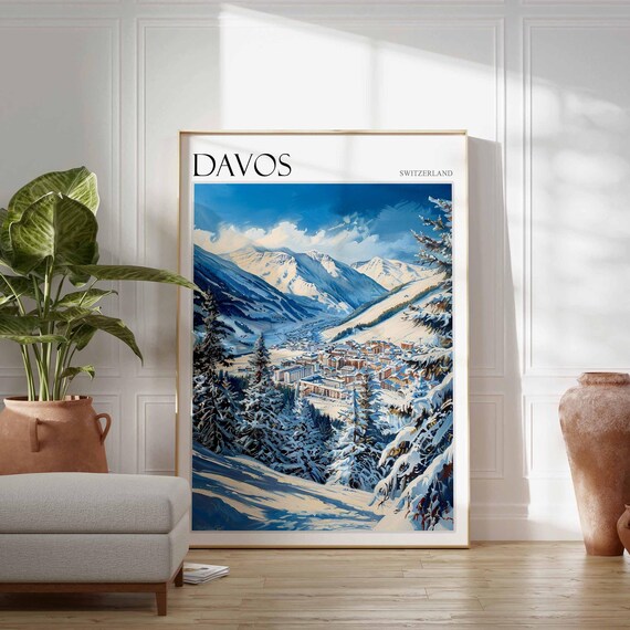 Davos Switzerland Bright Blue Alpine Slopes Ski Poster with Town View