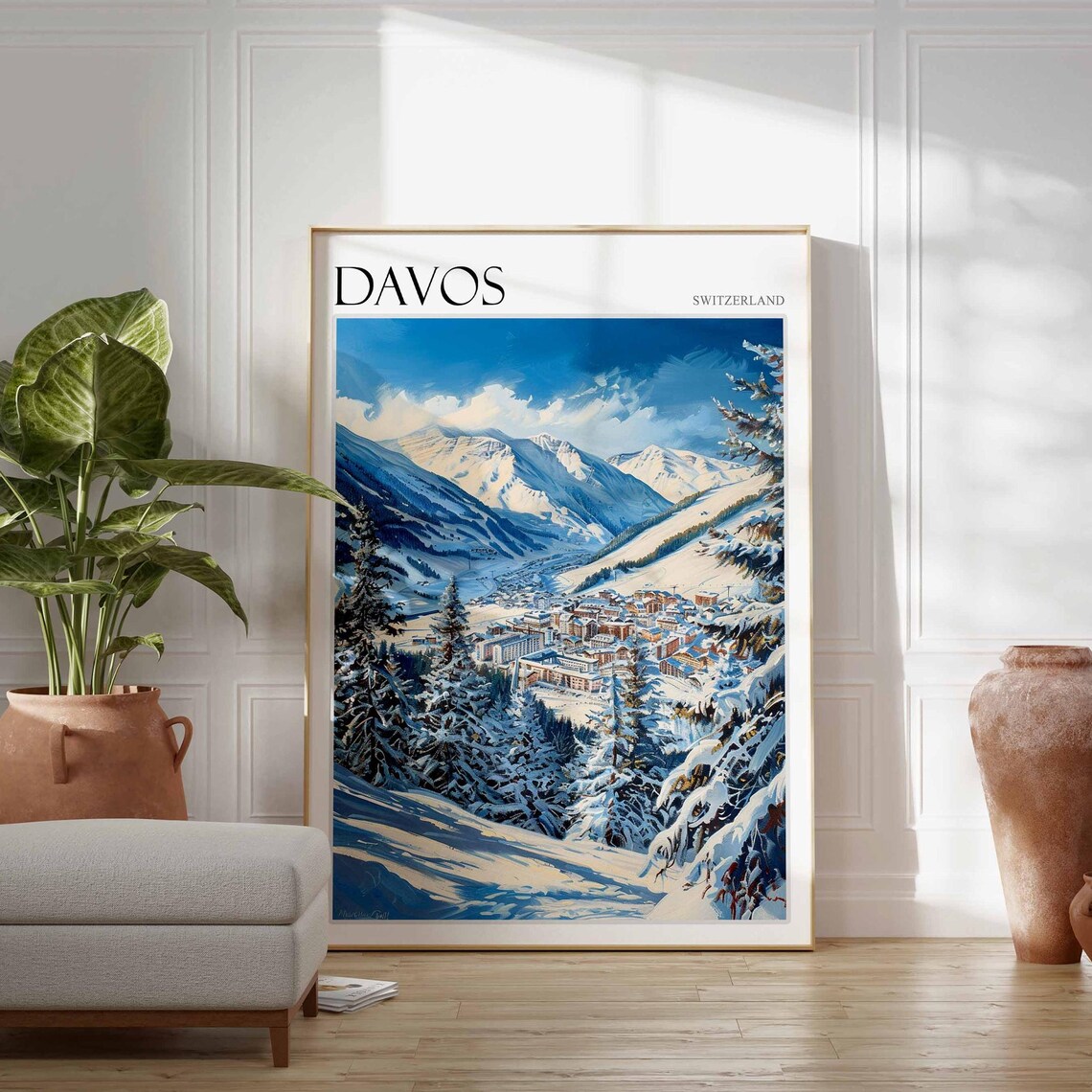 Davos Switzerland Bright Blue Alpine Slopes Ski Poster with Town View