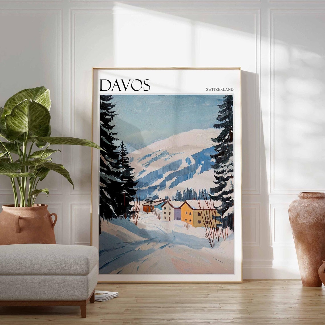 Davos Switzerland Snowy Road Through Pines Golden Cottages Art Poster
