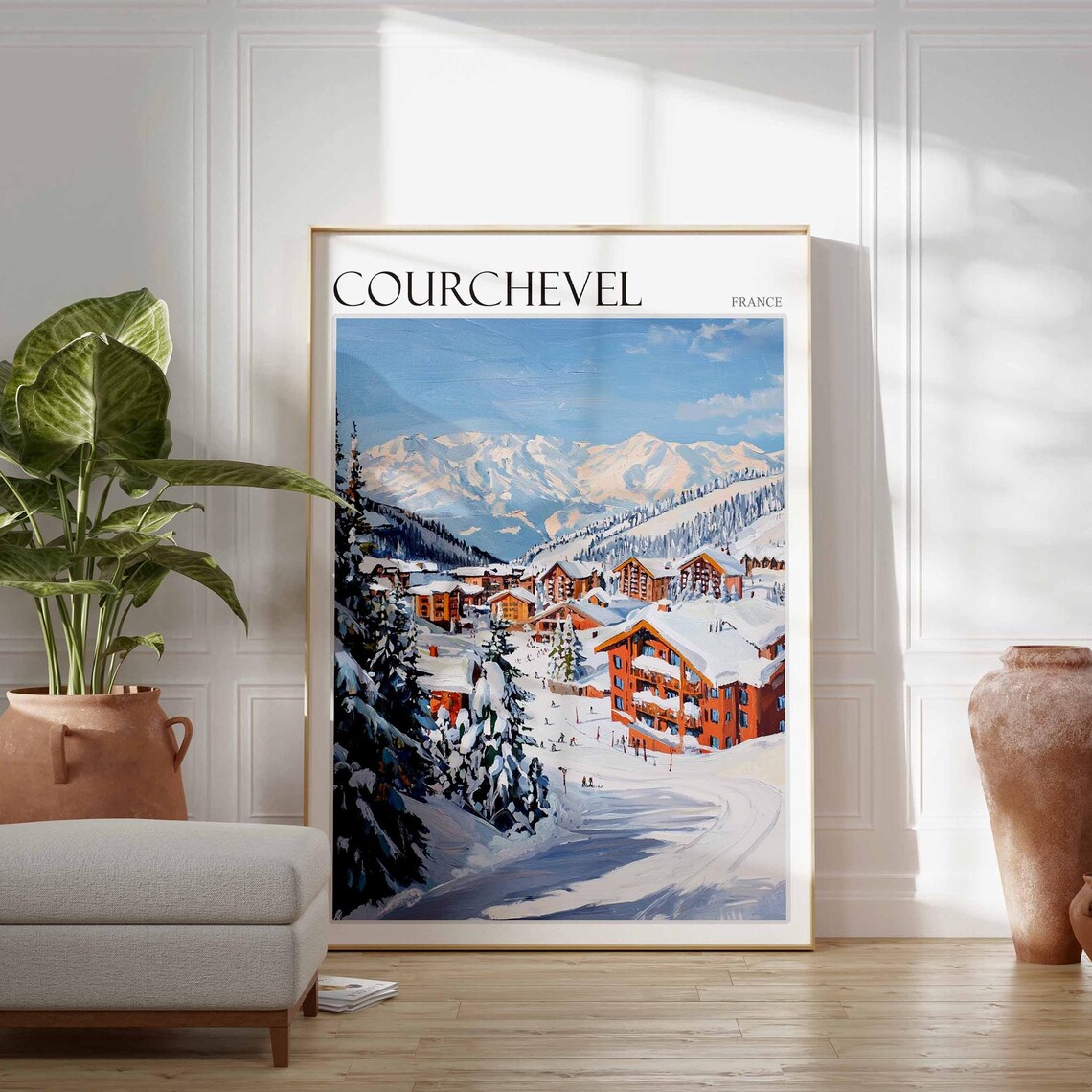 Courchevel France Snowy Village Chalet Winter Ski Art Poster