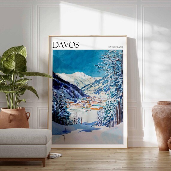 Davos Switzerland Blue Winter Valley Snowy Pines Ski Resort Poster