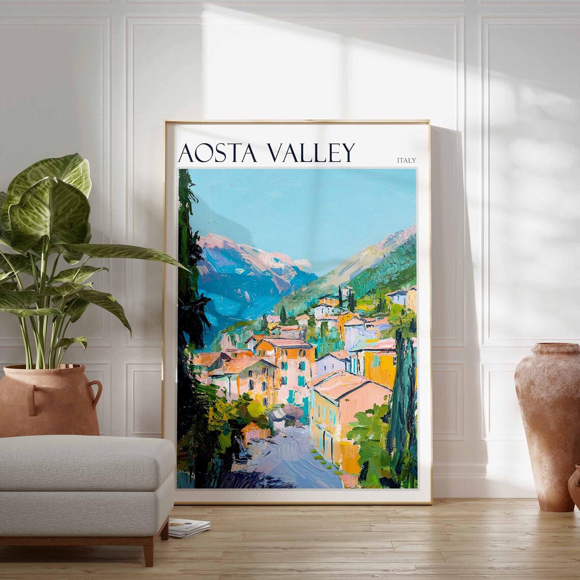 Aosta Valley Italy Village Street Pastel Houses Mountain Poster - Image 2