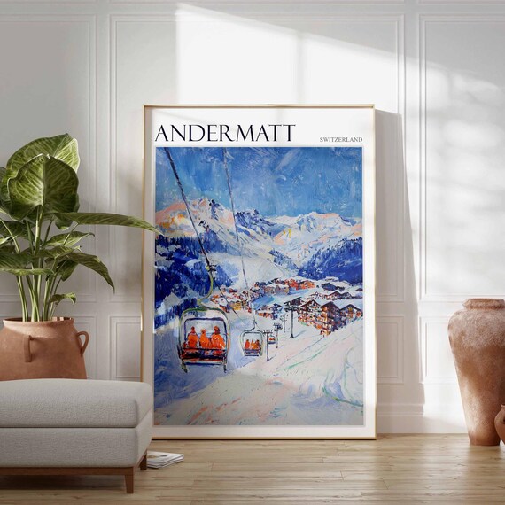 Andermatt Switzerland Chairlift Riders Over Snowy Ski Village Poster