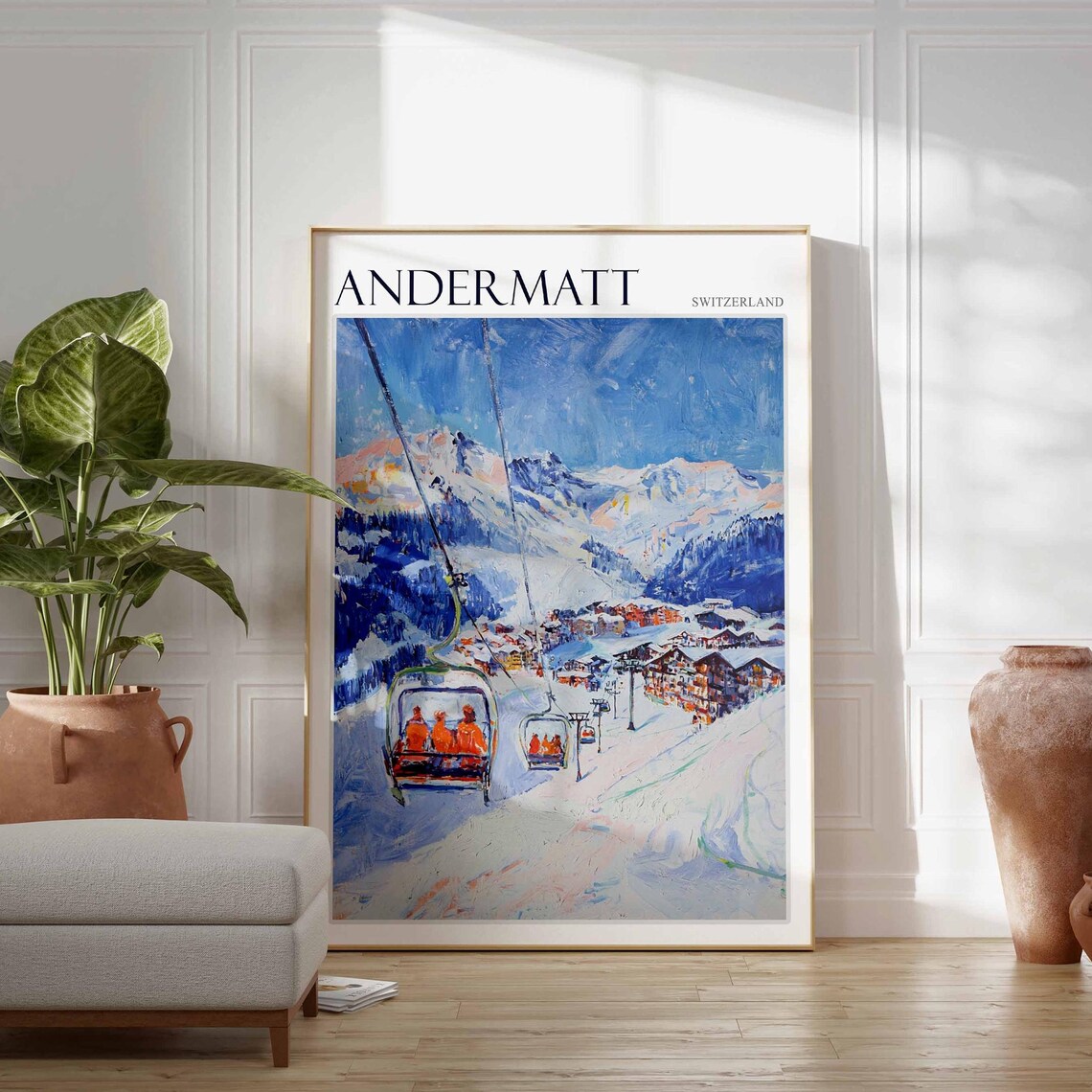 Andermatt Switzerland Chairlift Riders Over Snowy Ski Village Poster