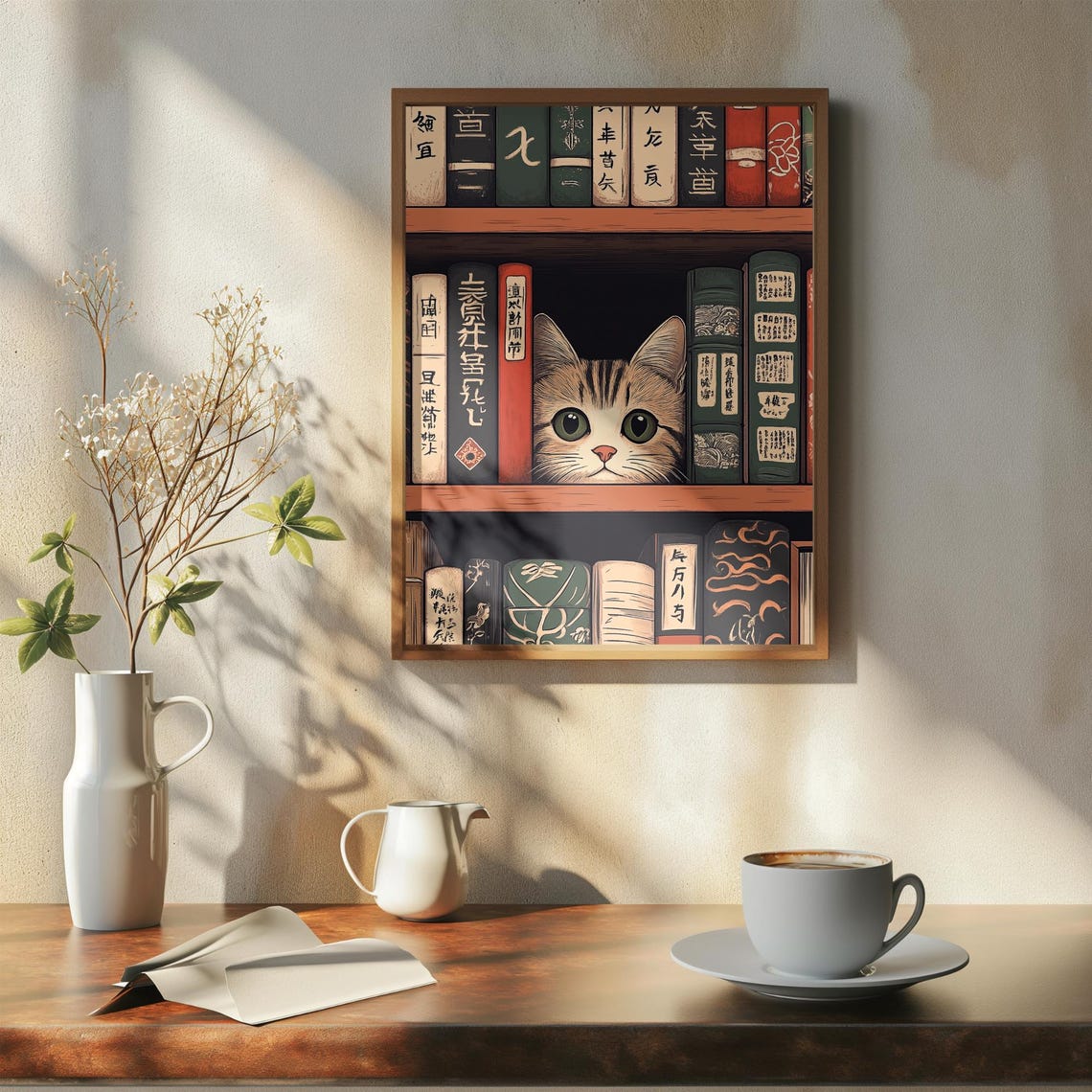 Cute Kitten Peeking From Japanese Bookshelf Vintage Art Poster - Image 7