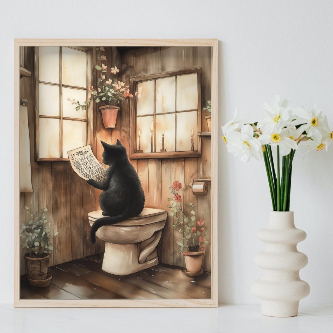 Black Cat Reading Newspaper On Toilet In Rustic Cabin Poster - Image 8