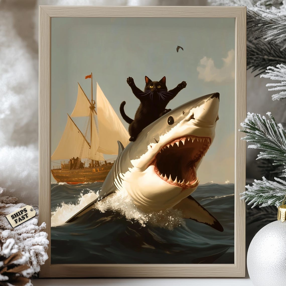 Black Cat Triumphantly Riding A Great White Shark Ocean Poster