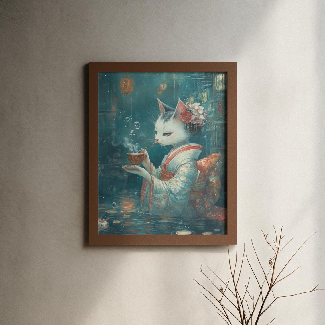 Elegant White Cat In Kimono Drinking Tea In Underwater Scene Poster - Image 6