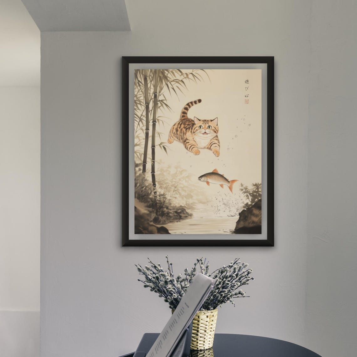 Orange Tabby Cat Diving Down Toward A Fish In Bamboo Grove Poster - Image 4